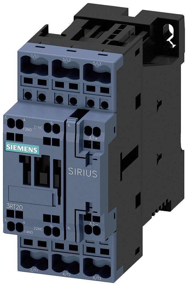 SIRIUS Schütz von Siemens in grauem Gehäuse, Modellnummer 3RT120. Es wird in Schaltanlagen für Motorsteuerungen verwendet.