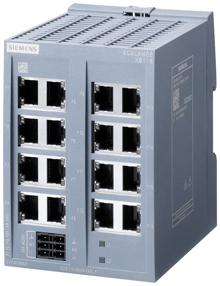 Ein grauer Netzwerk-Switch von Siemens, Modell Scalance XB116, mit 16 Ethernet-Ports für industrielle Anwendungen.