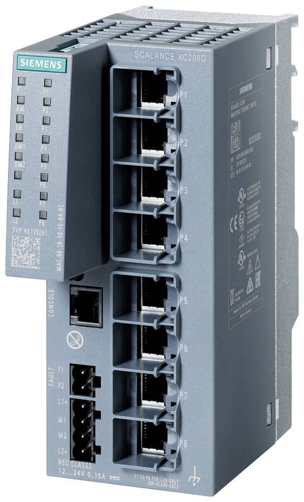 Ein grauer Siemens SCALANCE XC208G Netzwerk-Switch mit mehreren Ethernet-Ports, leuchtet eine grüne LED; für industrielle Anwendungen.