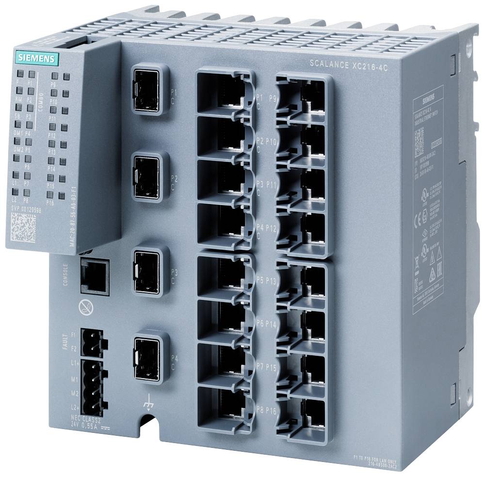 Ein grauer Siemens Scalance XC216-4C Netzwerkswitch mit 16 Ethernet-Ports und Kontrollleuchten zur Verwendung in Industrieumgebungen.
