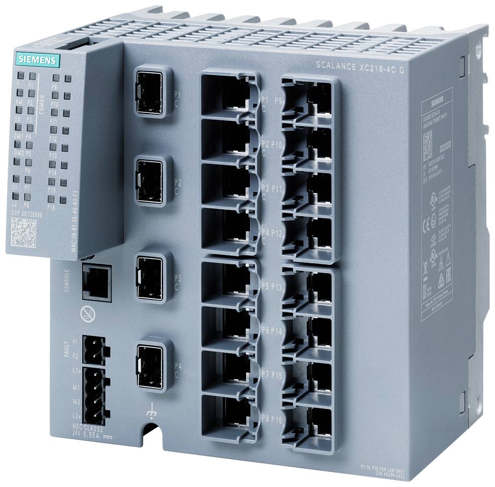 Ein Industrieschalter von Siemens mit vielen Ethernet-Ports, geeignet für industrielle Netzwerkanwendungen. Modellbezeichnung: Scalance XG210-6G.