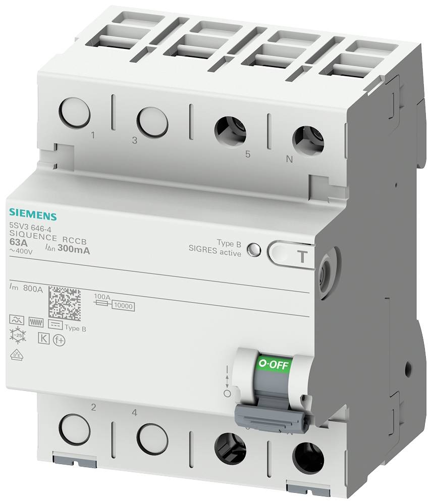 Ein vierpoliger FI-Schutzschalter mit grünem 'OFF'-Hebel, Markenname aufgedruckt, für elektrische Sicherheitsabschaltungen bis 400V, 63A.