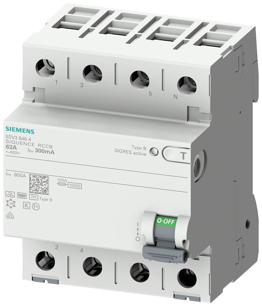 Ein Siemens Schutzschalter, Typ 5SV3 646-4, 63A, 400V, mit grünem 'OFF'-Schalter. Verwendet zur elektrischen Sicherheitsabschaltung.