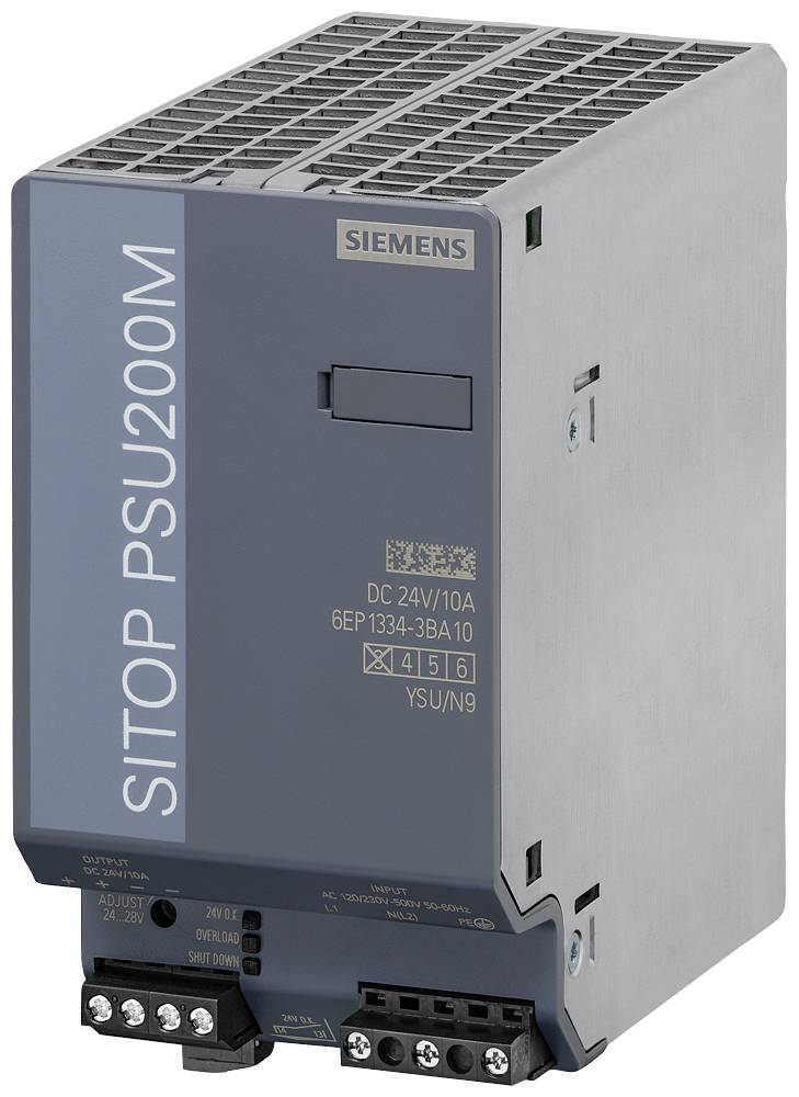Ein graues elektrisches Gerät mit der Aufschrift 'SITOP PSU200M'. Es handelt sich um eine Stromversorgungseinheit von Siemens.