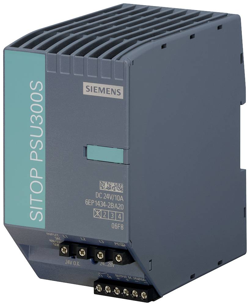 Siemens SITOP PSU300S Stromversorgungseinheit, graues Gehäuse, blaue Vorderseite, Eingangsspannung 24V/10A, Modell 6EP1 434-2BA20.