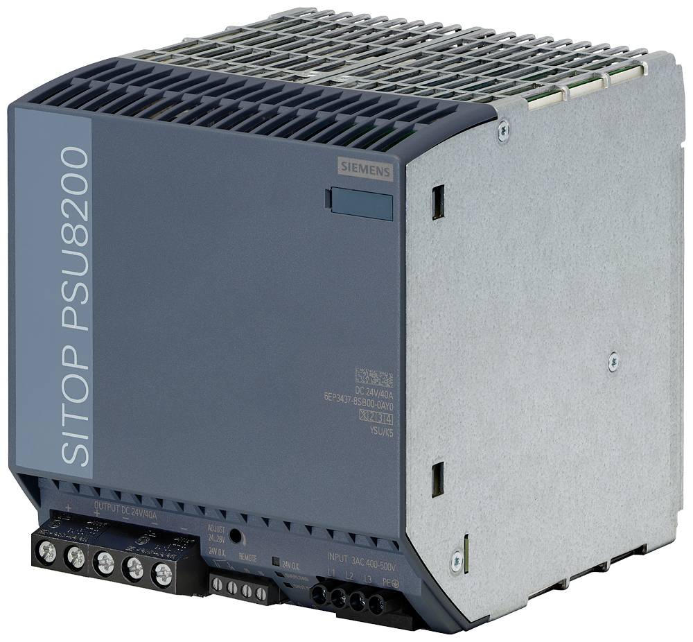 Industrie-Netzteil 'SITOP PSU8200' von Siemens. Rechteckige Form, seitlich graublau, mit Lüftungsschlitzen oben.