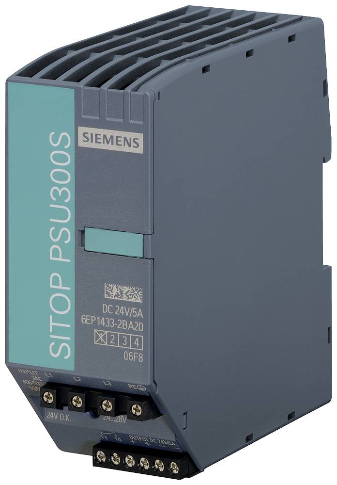 Siemens SITOP PSU300S, Gleichspannungsversorgungsmodul, DC 24V/5A, kompakte Bauweise, montiert auf DIN-Schiene.
