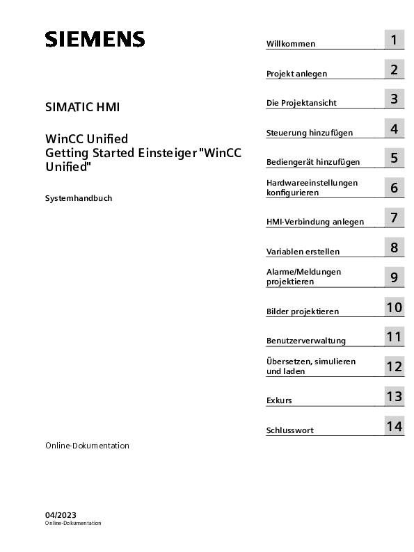 'SIEMENS Simatic HMI Handbuch' Kapitel und Seitennummern übersichtlich aufgelistet, Beginn bei 'Willkommen', Ende bei 'Schlusswort'.