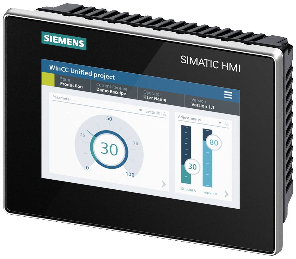 Touch-Display von Siemens SIMATIC HMI zeigt ein Interface mit Messanzeigen und Einstellungsoptionen für industrielle Anwendungen.