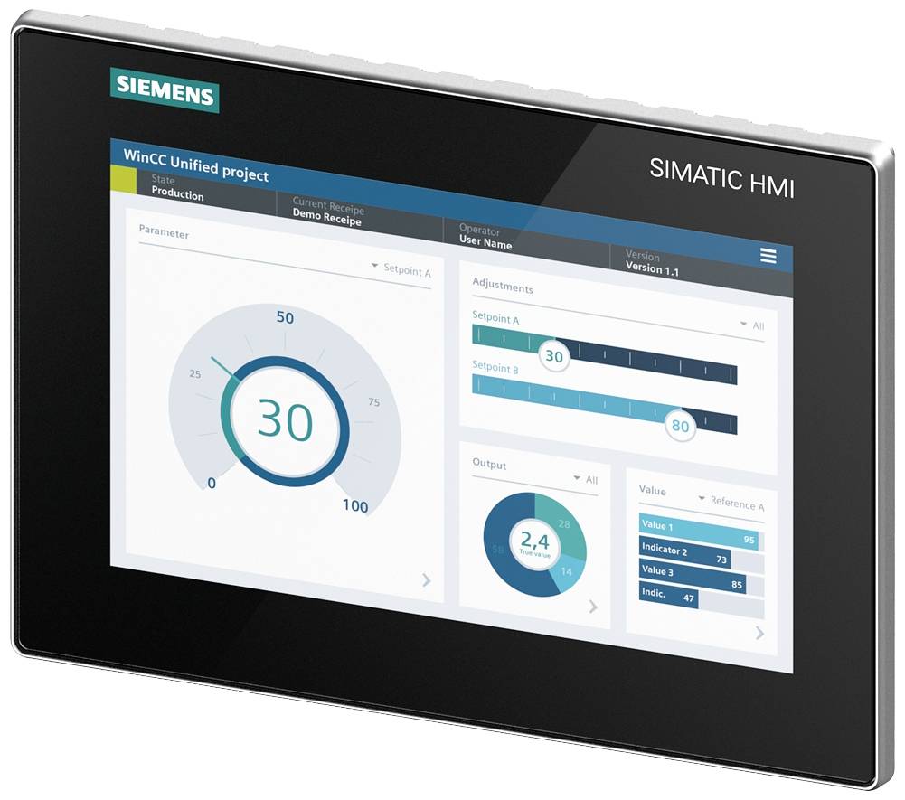 Touchscreen-Gerät mit Siemens-Softwareanzeige. Zeigt ein Dashboard mit Kreisdiagramm, Balkendiagrammen und numerischen Werten.