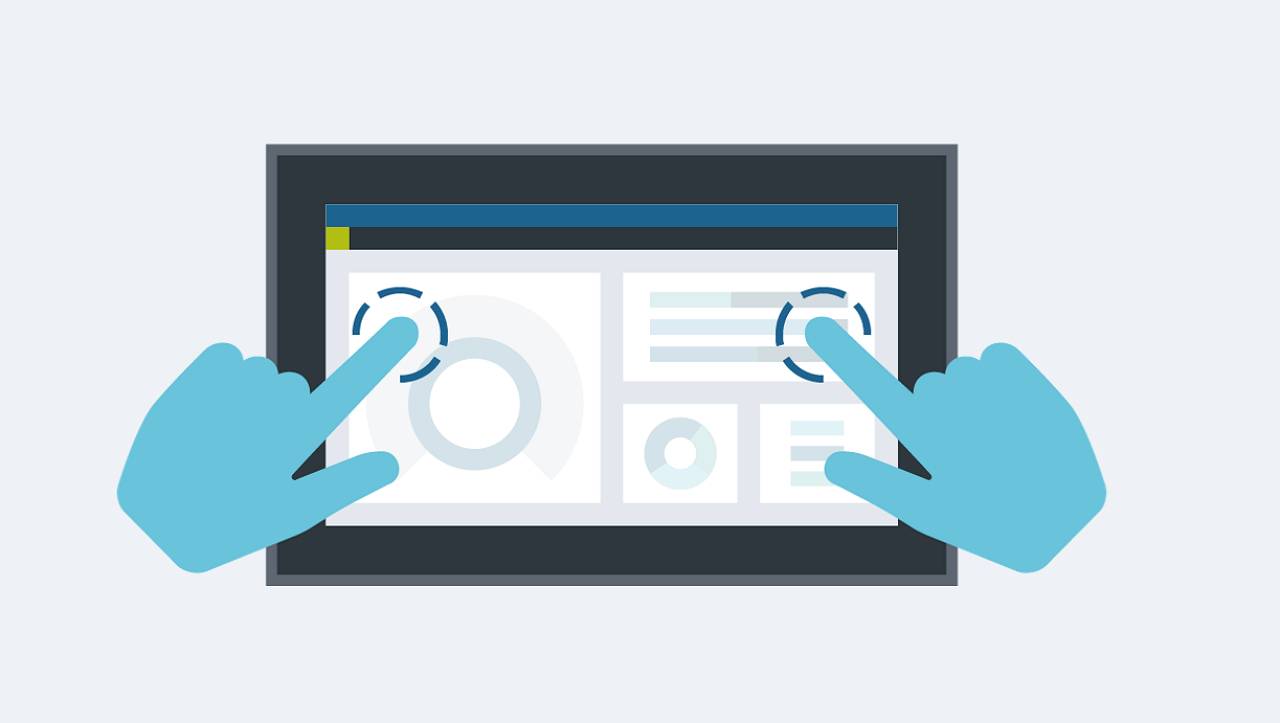 Zwei blaue Hände berühren einen Tablet-Bildschirm mit Diagrammen und Text, was auf eine Interaktion mit der Benutzeroberfläche hinweist.