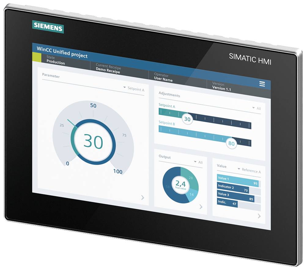 Ein Siemens SIMATIC HMI-Display zeigt ein Dashboard mit einem Messwert von 30 in einem Kreisdiagramm und einer Übersicht der Einstellungen.