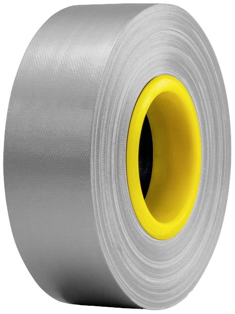 Eine Rolle silbernes Klebeband mit gelbem Kern, für vielfältige Reparatur- und Befestigungsarbeiten geeignet.