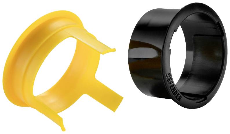 Zwei Kunststoffringe: links ein gelber Haltering, rechts ein schwarzer Ring mit der Aufschrift 'Defender'.