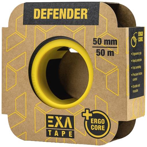 Verpackung einer Klebebandrolle, Marke 'Defender Exa Tape'. Gelb-schwarze Farben, 50 mm x 50 m, Schwerpunkt auf Ergonomie und Haltbarkeit.