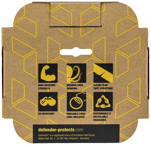 Kartonverpackung mit gelbem geometrischem Muster. Enthält Symbole zu Eigenschaften: hoher Kleber, rückstandslos entfernbar, nachhaltige Verpackung.