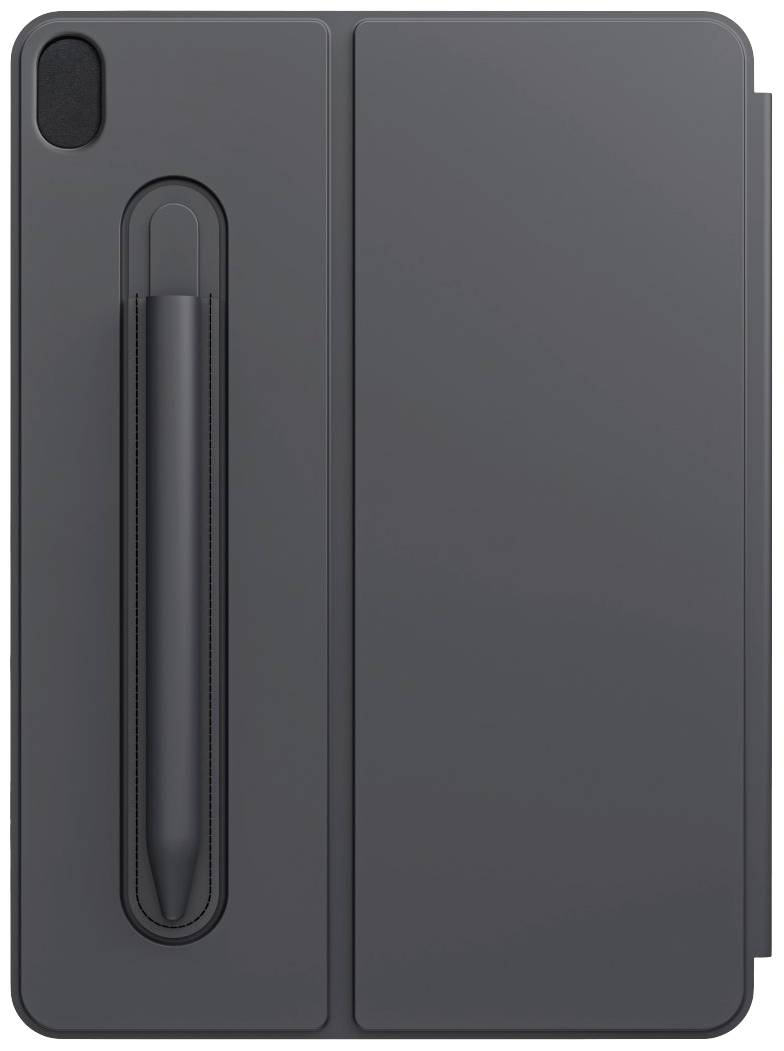 Dunkles Tablet-Cover mit eingestecktem Stift in der Halterung, Rückansicht.