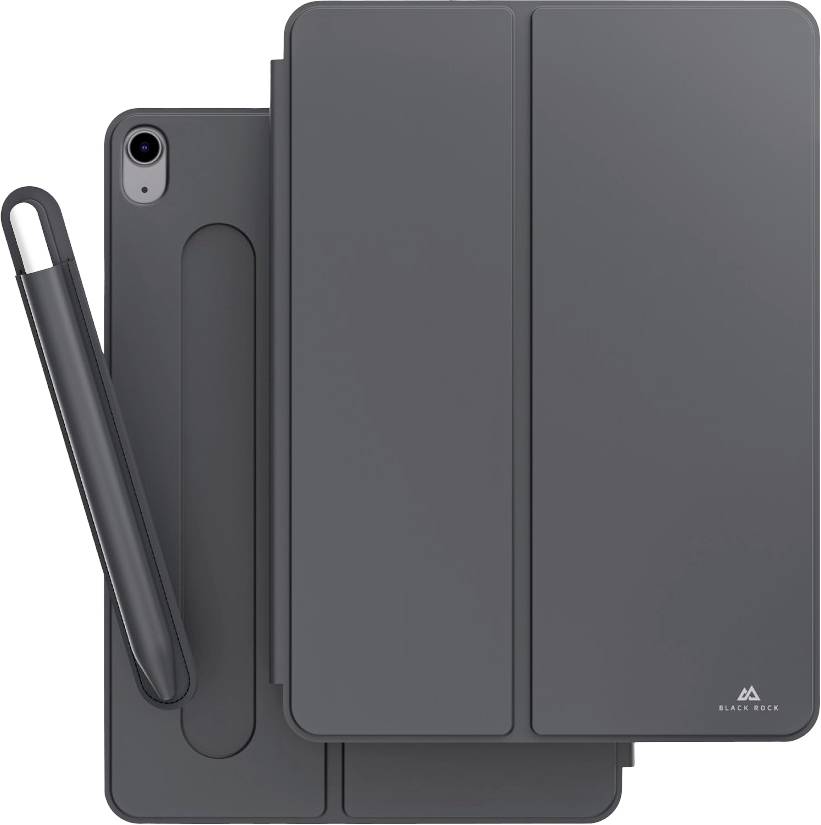 Ein schwarzes Tablet mit passender Stifthalterung und Hülle. Die Hülle zeigt das Logo 'Black Rock'.