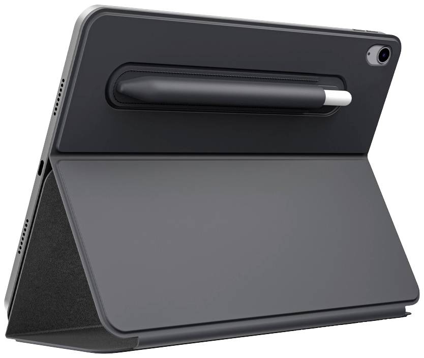 Ein Tablet in einem grauen Gehäuse mit integriertem Stifthalter auf der Rückseite. Der Stift liegt horizontal auf der Halterung.