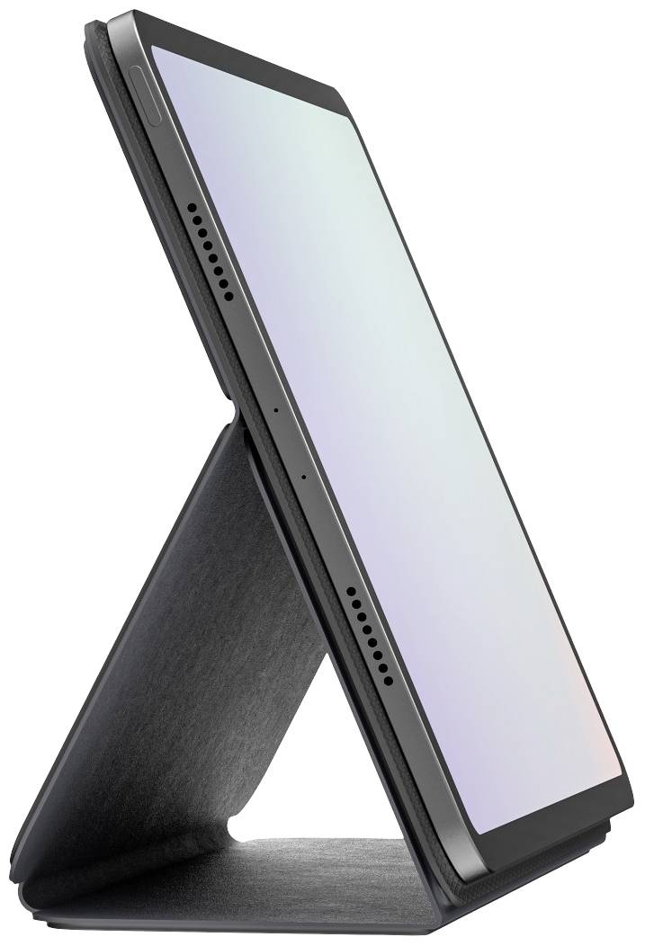 Ein Tablet steht seitlich auf einem Faltständer, der das Gerät hält. Der Bildschirm zeigt eine weiße Oberfläche ohne sichtbaren Inhalt.