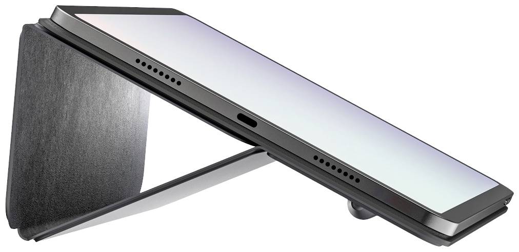 Ein modernes Smartphone wird in einem schwarzen, klappbaren Ständer dargestellt, der es in einem schräge nach oben geneigten Winkel hält.