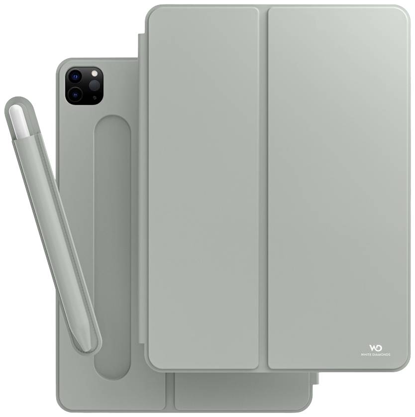 Grüne Tablet-Hülle mit Stifthalter und Faltschutzhülle. Stift daneben. Hergestellt von WIWU.