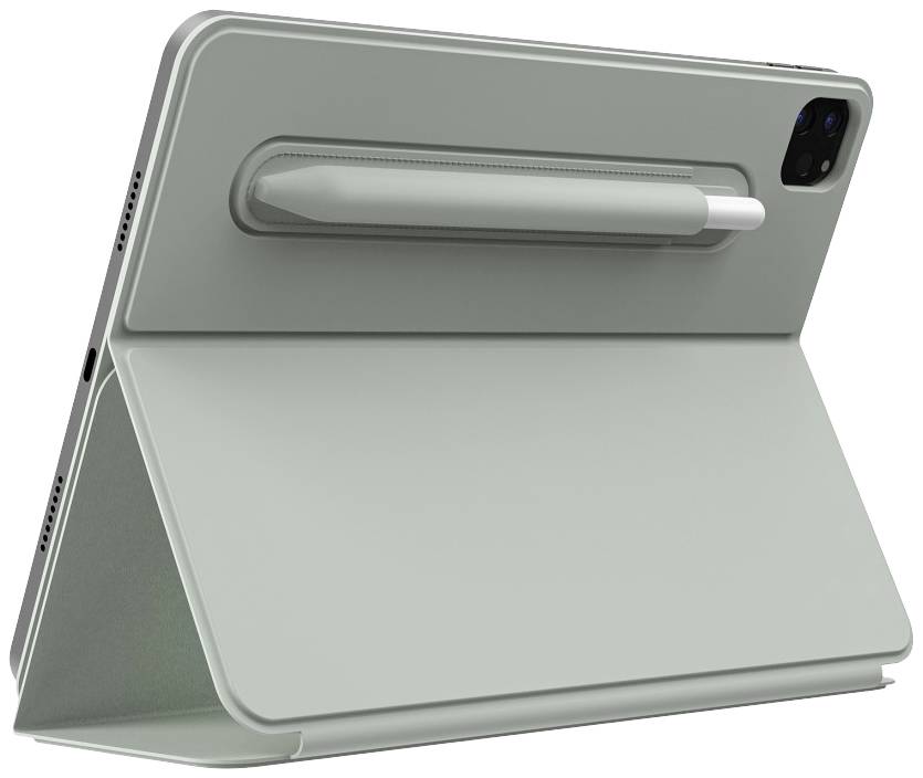 Ein Tablet in einer schützenden Hülle mit einem am Rücken befestigten Eingabestift. Das Setup steht auf einem Tisch.