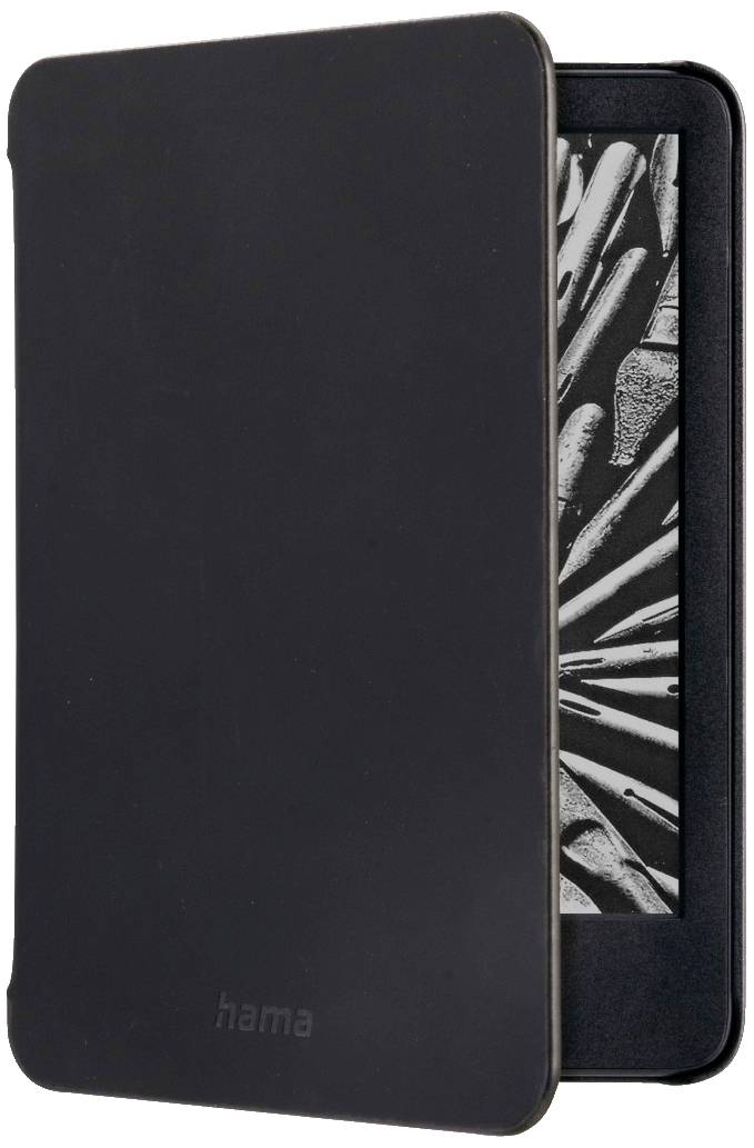 Ein geschlossener schwarzer E-Reader mit einem schwarzen Cover. Auf dem Bildschirm ist ein abstraktes schwarz-weißes Muster zu sehen.