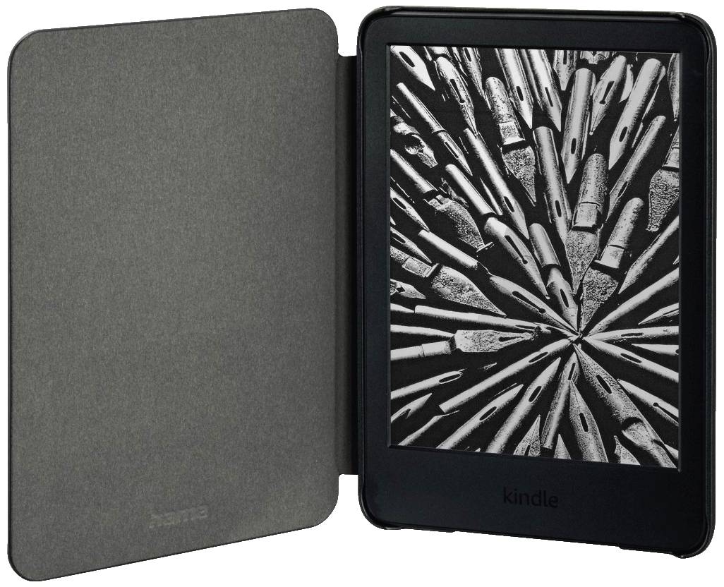 Elektronisches Lesegerät in schwarzem Gehäuse mit offenem grauen Cover, zeigt ein Display mit Grafiken von Radial angeordneten Stiften.