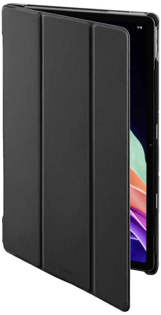 Schwarzes Tablet mit Hülle, teilweise geschlossen. Bildschirm zeigt bunte Farben, hauptsächlich sichtbar an den Rändern.