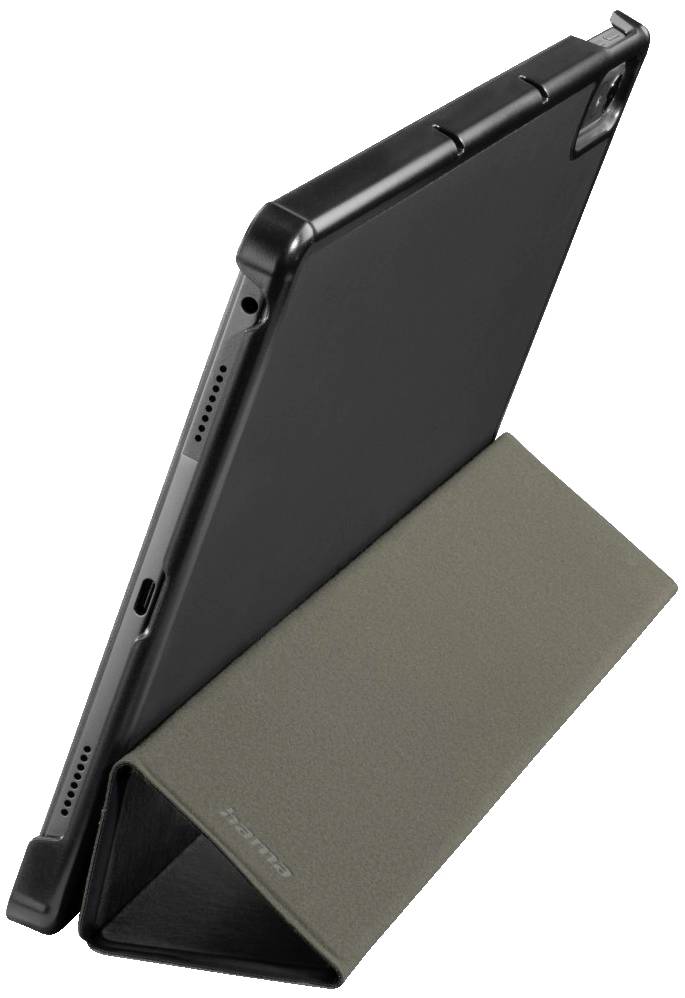 Ein Tablet in einem schwarzen Hüllencase mit einem dreieckigen Ständer, das aufrecht positioniert ist.