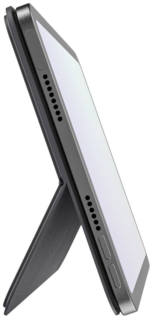 Ein aufrechtes Tablet mit schwarzem Gehäuse auf einem Ständer, Ansicht von der Seite.