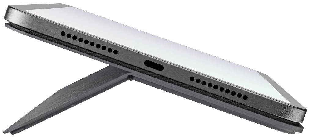 Ein Tablet im Querformat mit einem abgewinkelten Ständer. Das Gerät zeigt keine Inhalte auf dem Bildschirm.