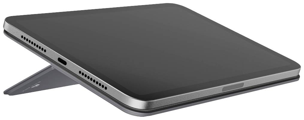 Flaches, silbernes Tablet mit schwarzem Bildschirm im Querformat, auf einem Ständer stehend. Es hat Anschlüsse an der Seite.