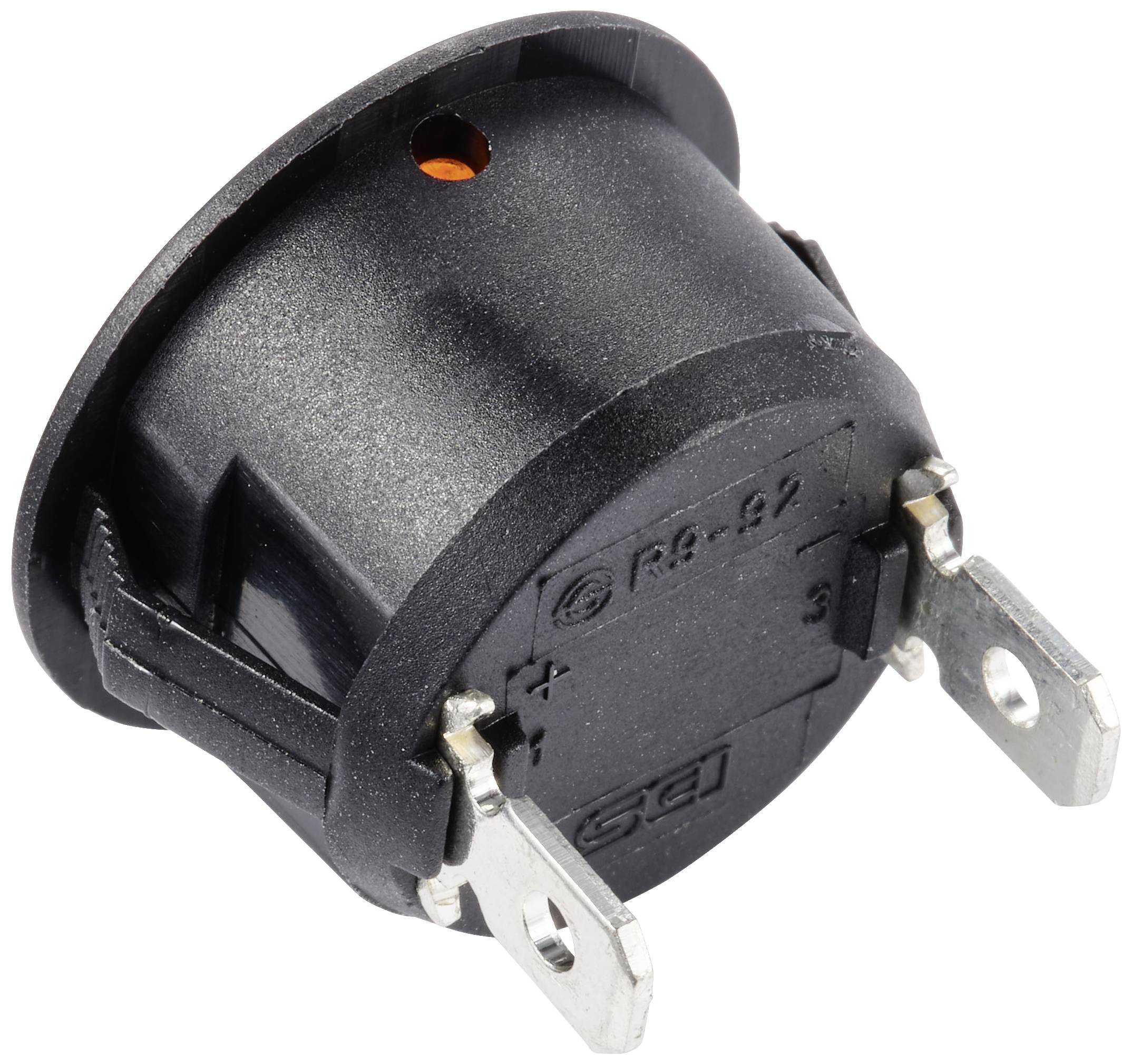 Runder, schwarzer Kippschalter mit drei Metallanschlüssen und einem orangefarbenen Punkt. Verwendet für elektrische Geräte.