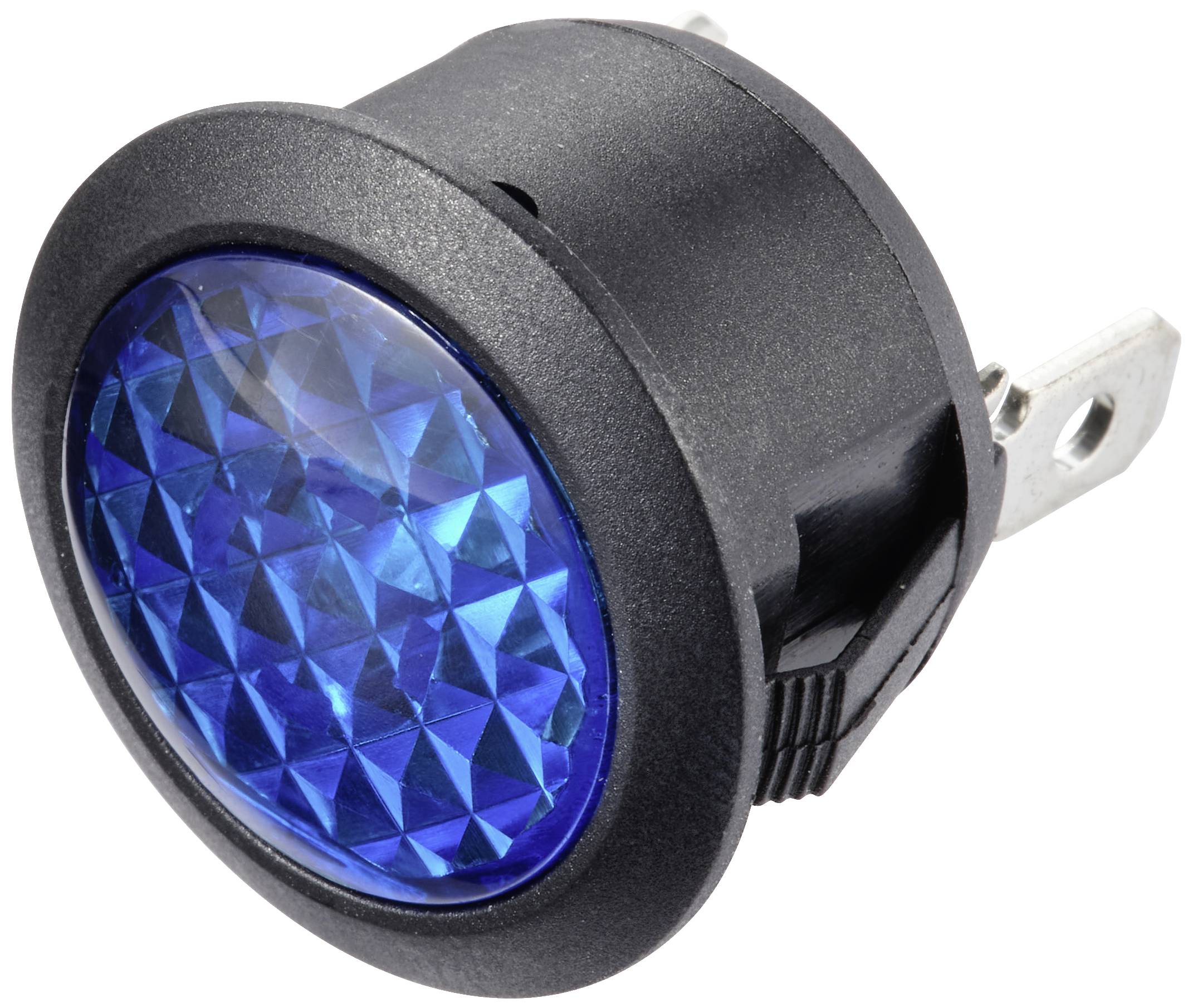Schwarzer runder Schalter mit blauer, strukturierter Oberfläche, seitliche Metallkontakte. Geeignet für elektrische Geräte.