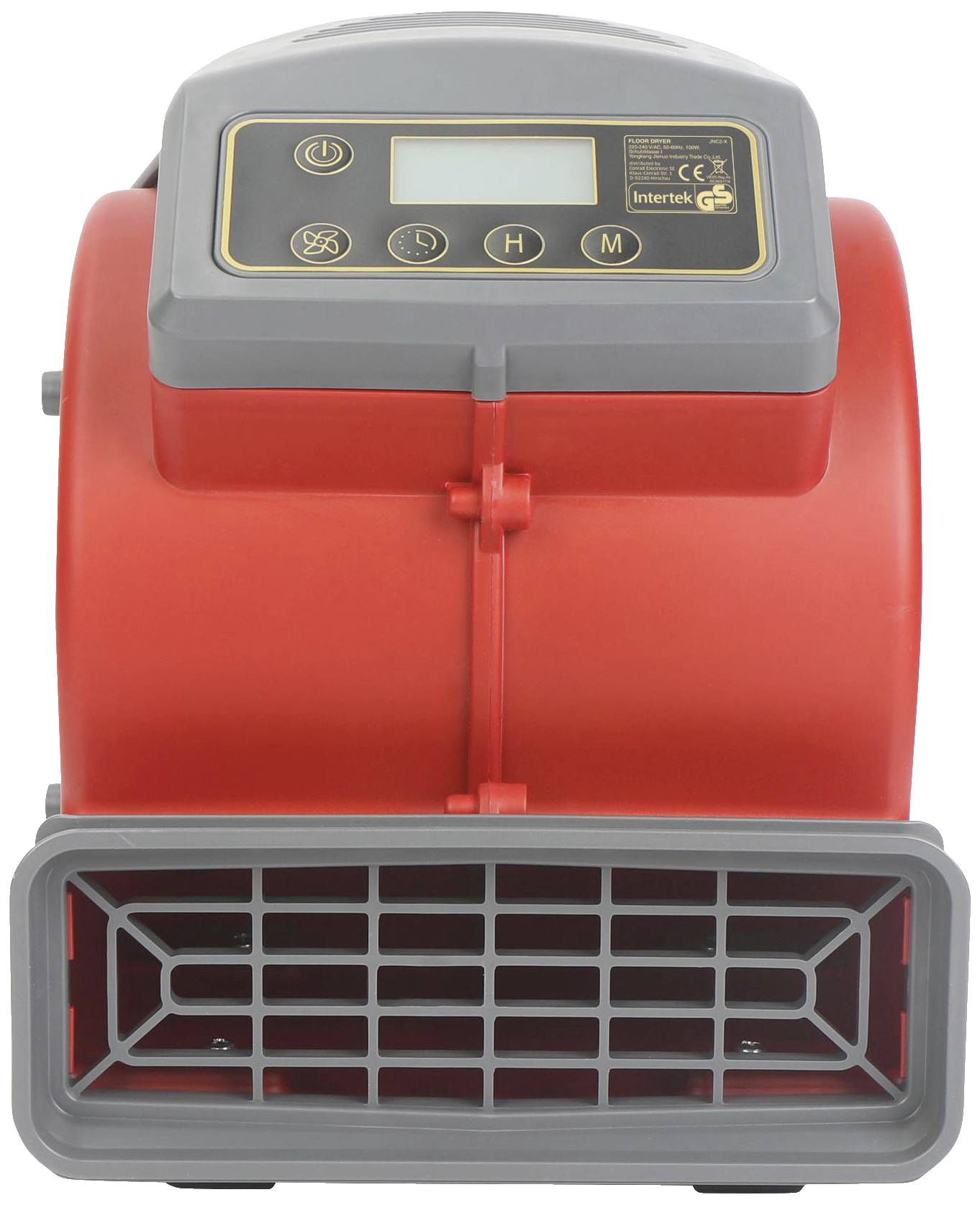 Industrie-Ventilator mit rotem Gehäuse und grauem Schutzgitter, Display oben zeigt Bedienelemente für Geschwindigkeit und Modus.