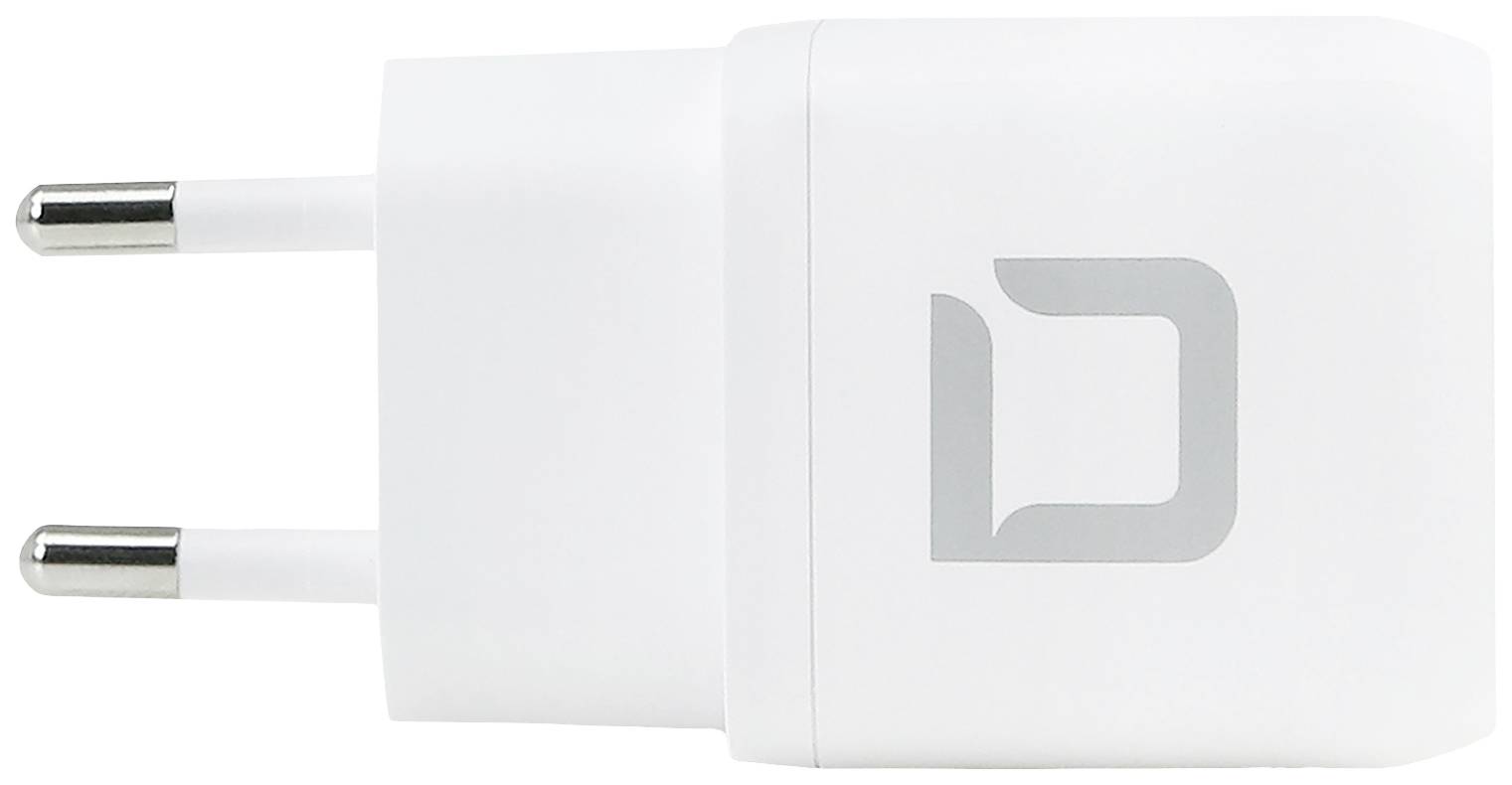 Weißes USB-Netzteil mit EU-Stecker und grauem Logo auf der Vorderseite.