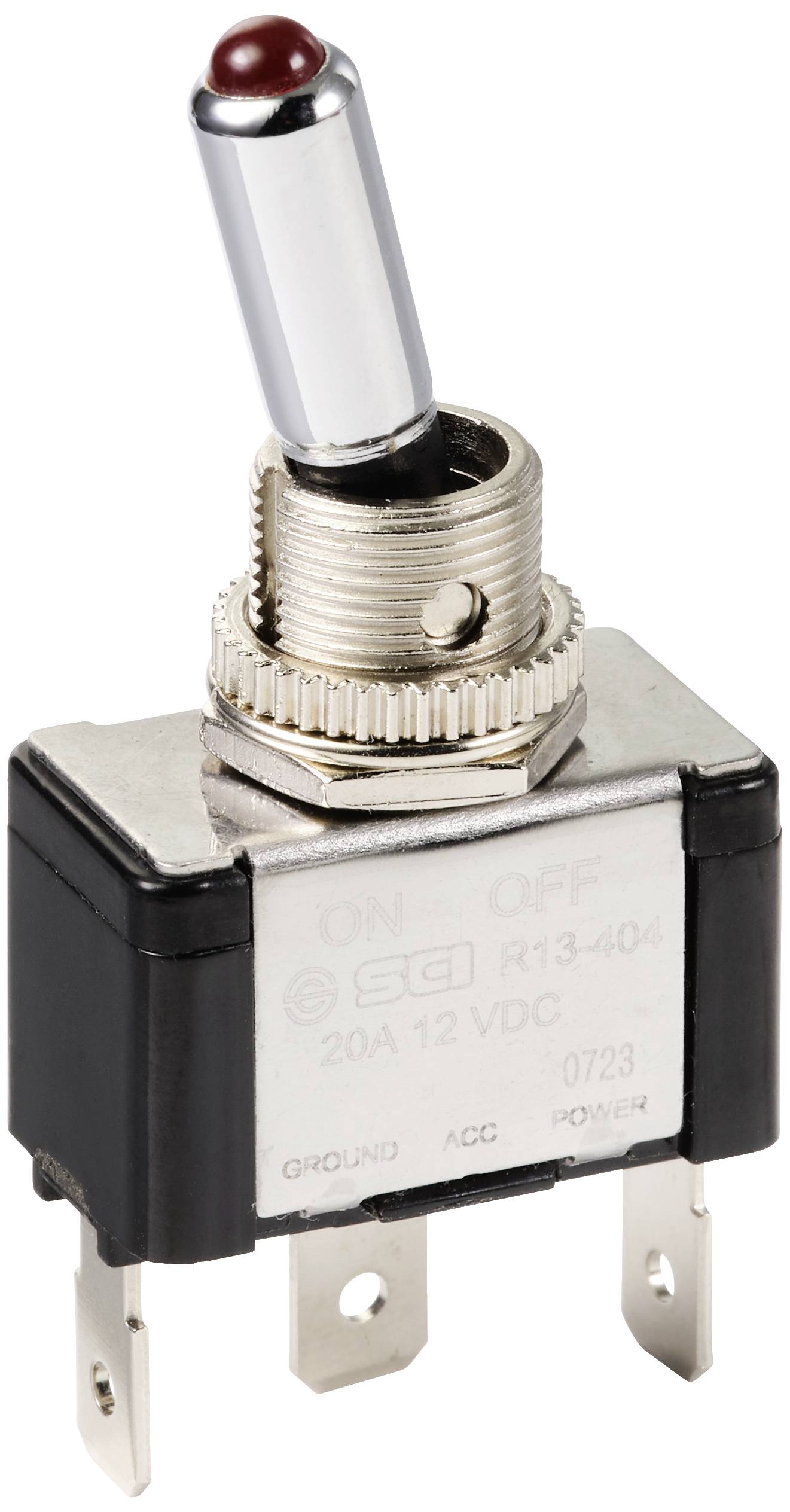 Ein Kippschalter mit zwei Positionen, 'ON' und 'OFF', aus Metall und Kunststoff, geeignet für 20A bei 12 VDC, hat drei Anschlüsse.