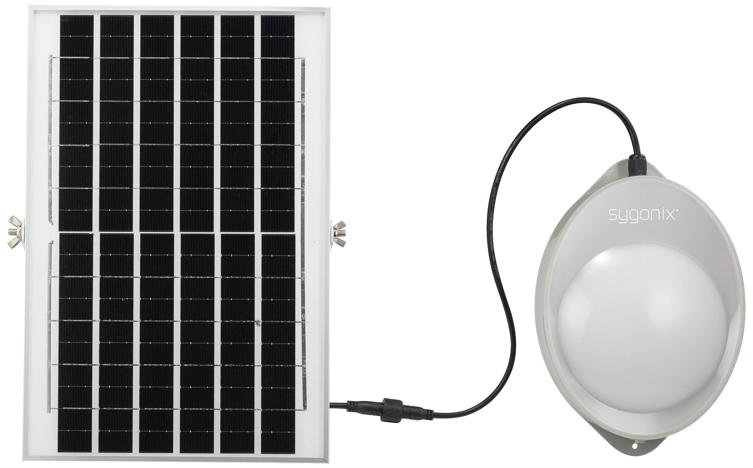 Solarpanel und runde LED-Leuchte mit Kabel verbunden. Solarpanel zur Energiegewinnung, montierbar, LED-Leuchte für Außenbereich.