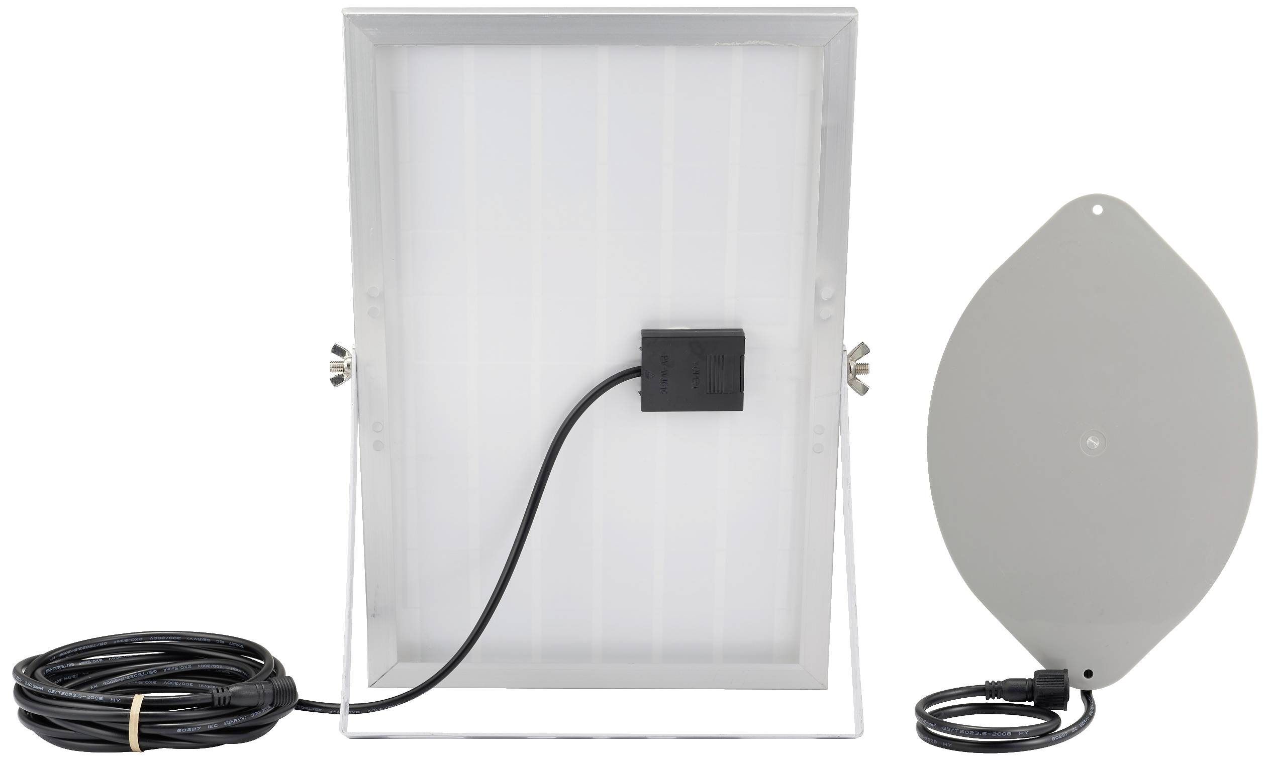 Sonnenkollektor mit Kabel und runder Anschlussplatte, Rückansicht.