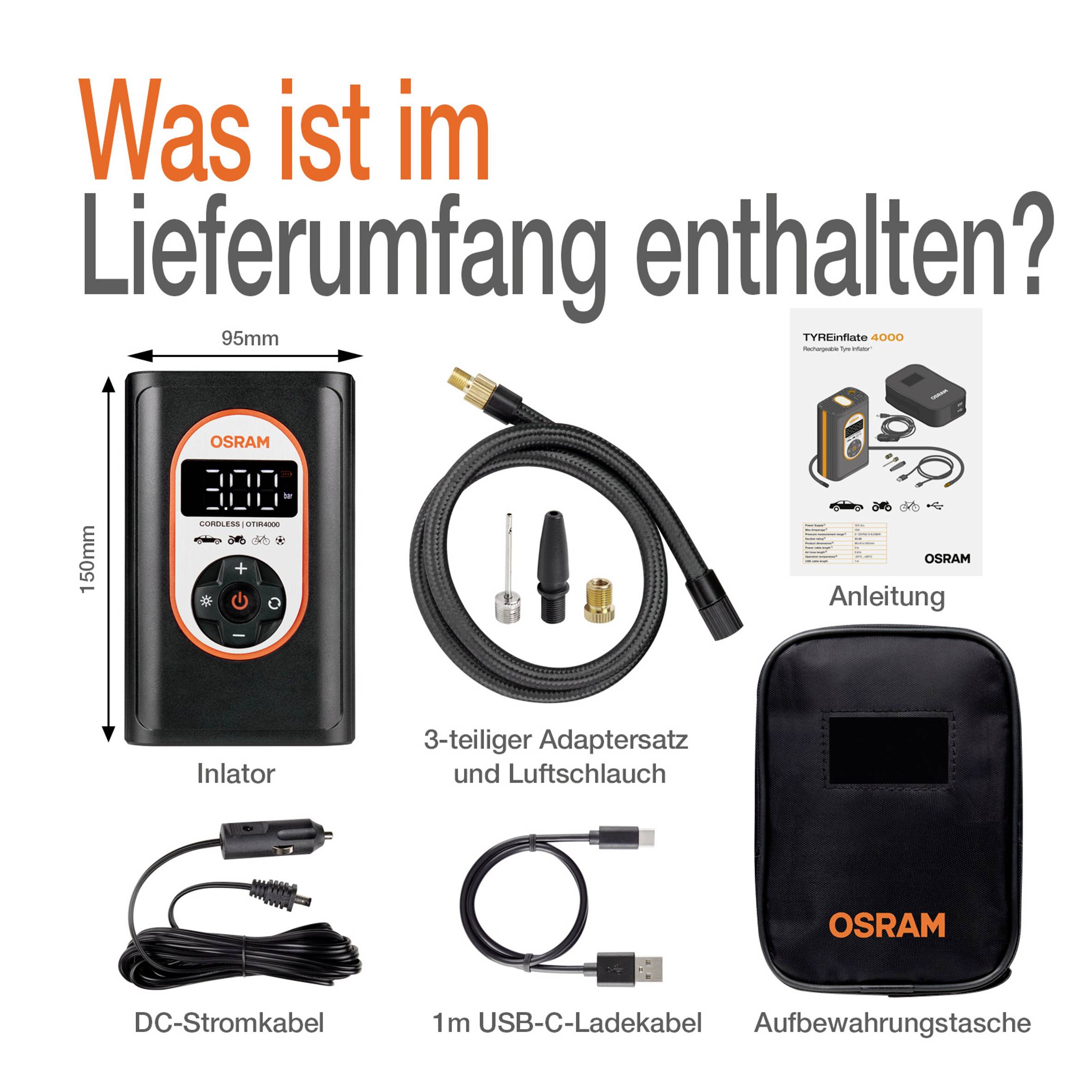 Osram Automotive OTIR4000 Kompressor TYREinflate 4000 8.3 bar Aufbewahrungs-Box/-Tasche, Automatische Abschaltung, mit