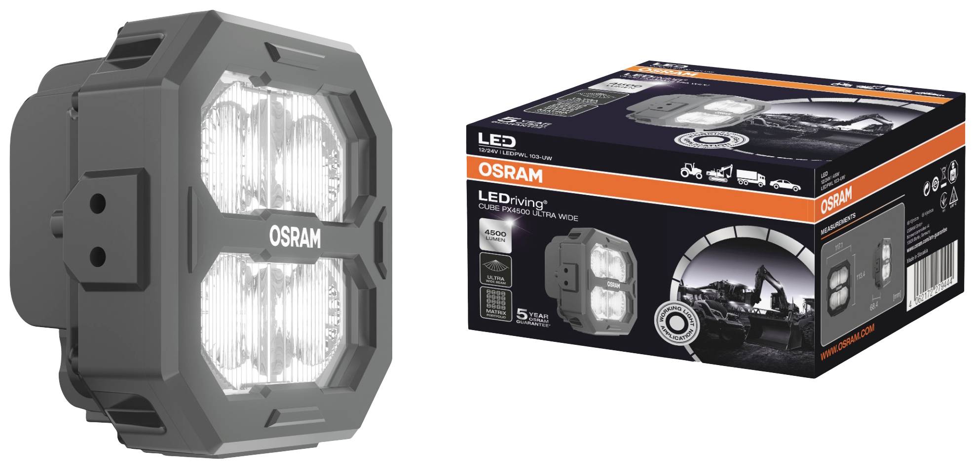 Osram Automotive Arbeitsscheinwerfer 12 V, 24V LEDriving® Cube PX4500 Ultra Wide LEDPWL 103-UW Breite Nahfeldausleuchtung