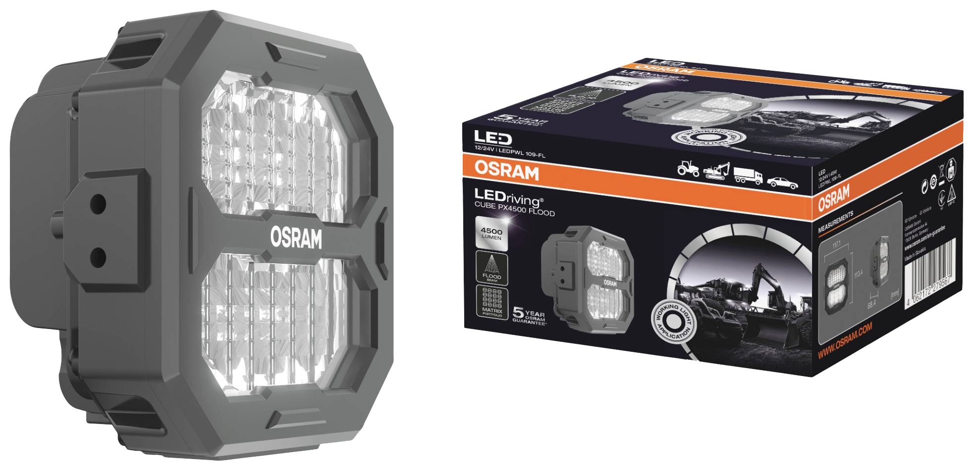 Osram Automotive Arbeitsscheinwerfer 12 V, 24V LEDriving® Cube PX4500 Flood LEDPWL 109-FL Weites Fernlicht (B x H x T) 68.4 x 113