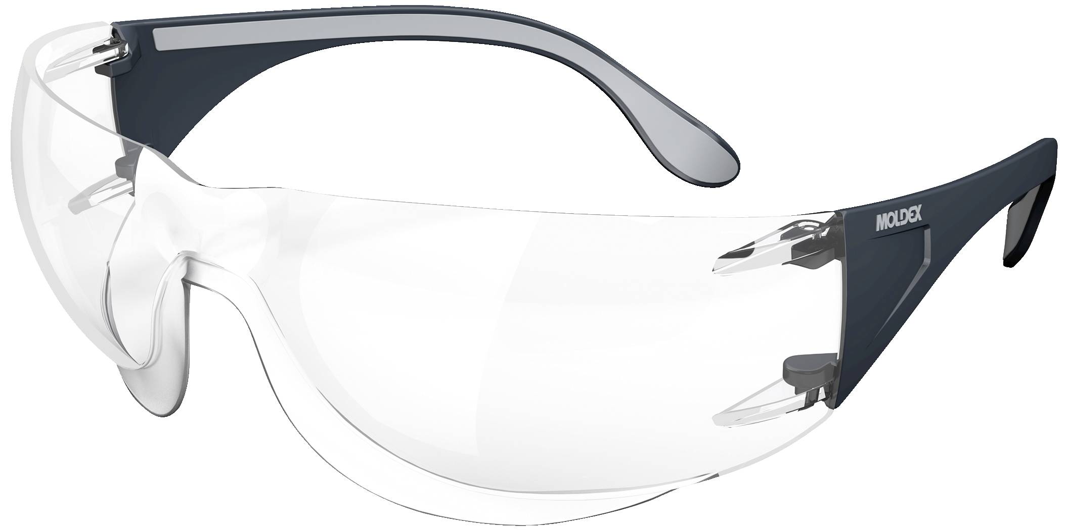 Schutzbrille mit klaren Gläsern und dunklem Gestell, geeignet für Sicherheitszwecke in Arbeitsumgebungen.