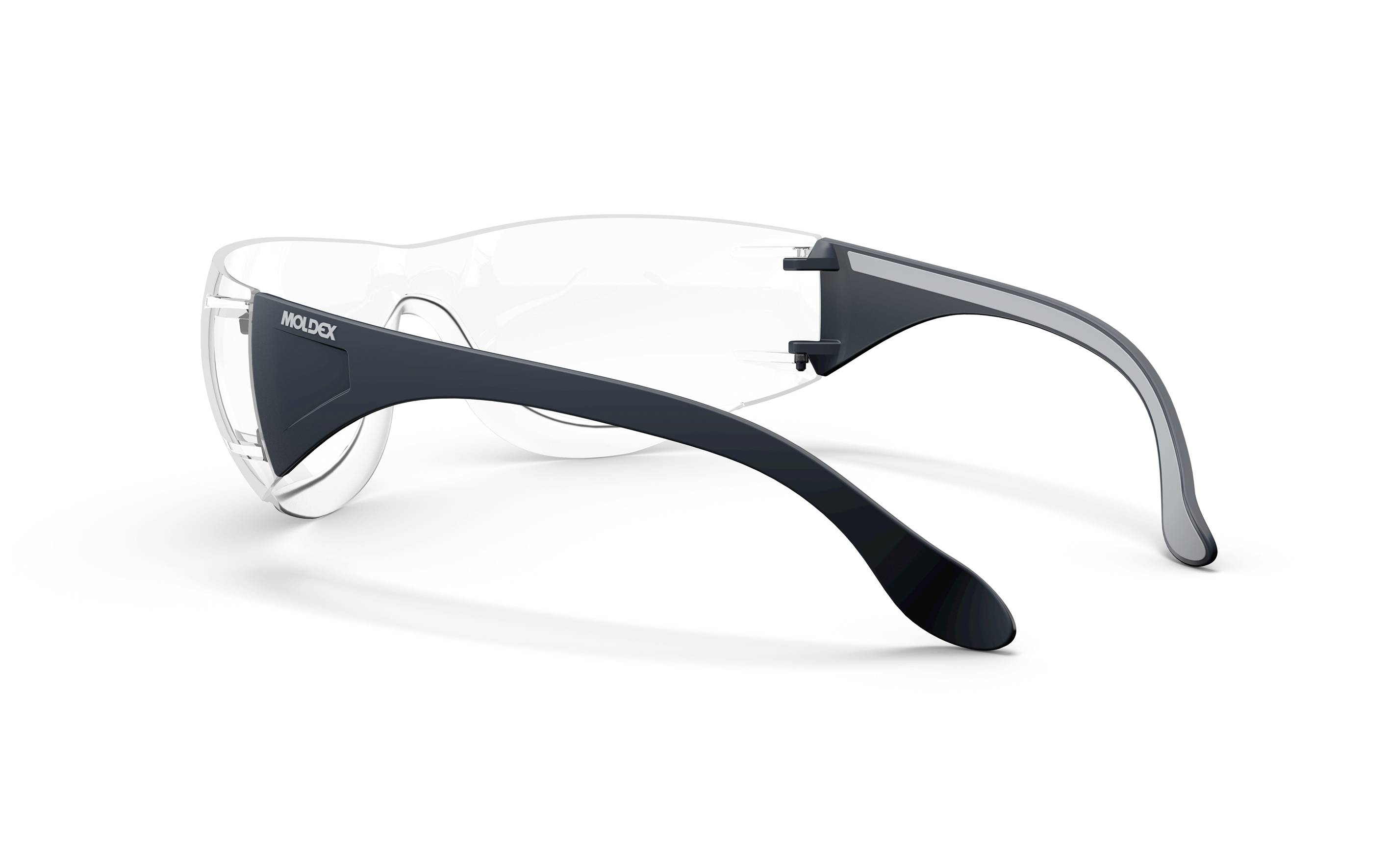 Schutzbrille mit transparenten Gläsern und schwarzen Bügeln, seitliche Ansicht. Ideal für den Einsatz in industriellen Umgebungen.