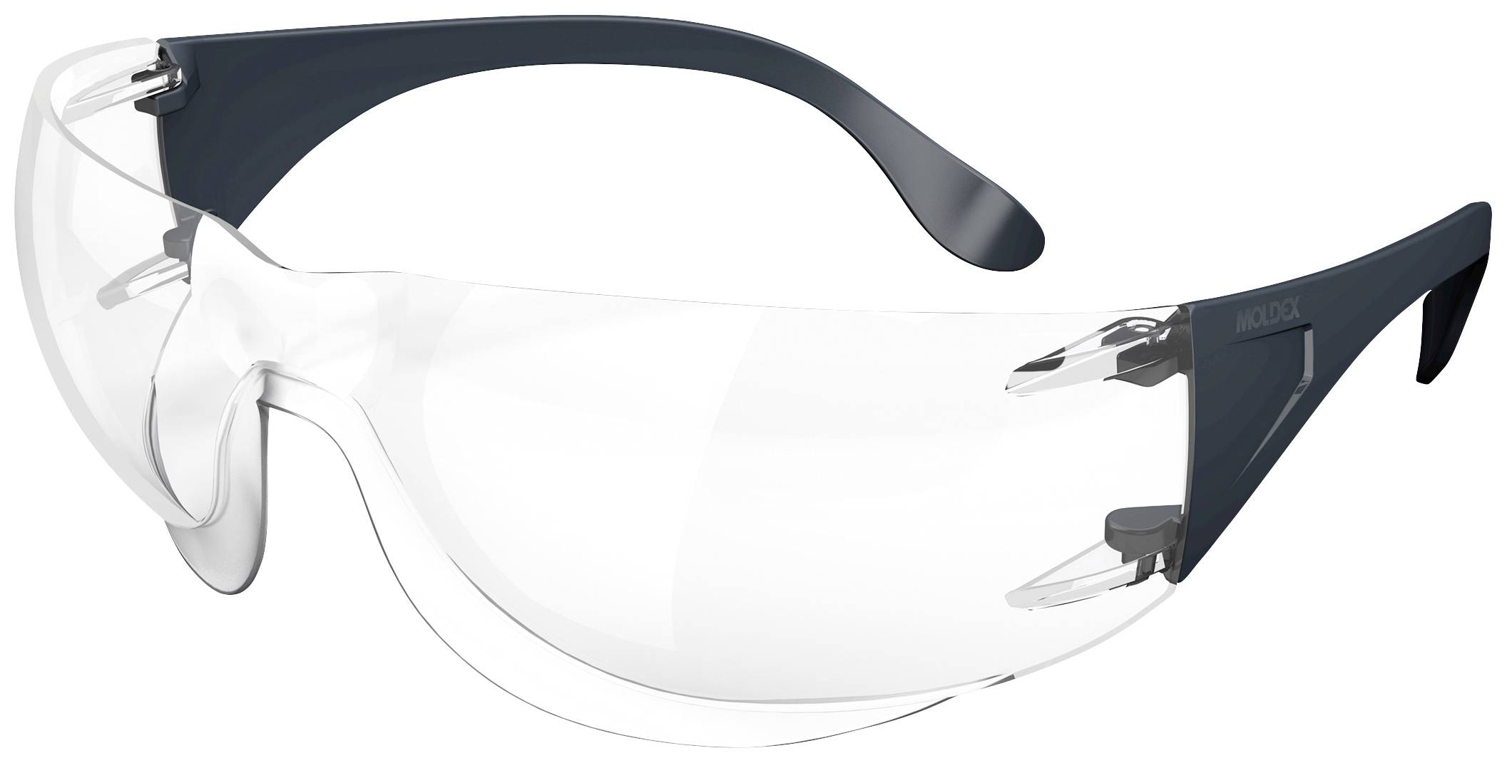 Schutzbrille mit klaren Gläsern und schwarzem Rahmen, geeignet für den Augenschutz bei handwerklichen oder industriellen Arbeiten.