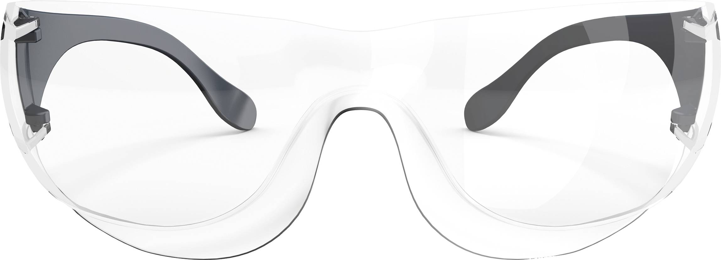 Eine moderne Schutzbrille mit transparenten Gläsern und schwarzen Bügeln, geeignet für den Einsatz in Laboren oder Werkstätten.