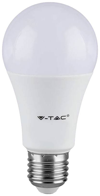 LED-Glühbirne in tropfenförmigem Design mit weißem Gehäuse und silbernem Schraubsockel; Aufschrift 'V-TAC'.
