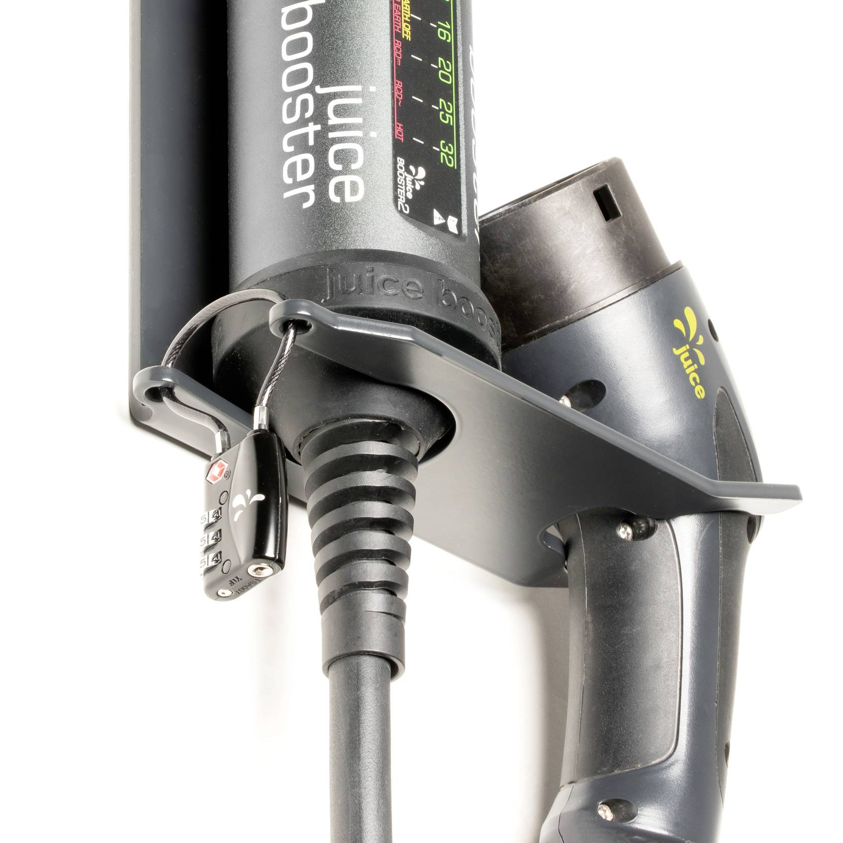 Ladestation für Elektrofahrzeuge mit schwarzem Kabel und grauem Stecker, markiert mit 'Juice booster' in weißen Buchstaben.